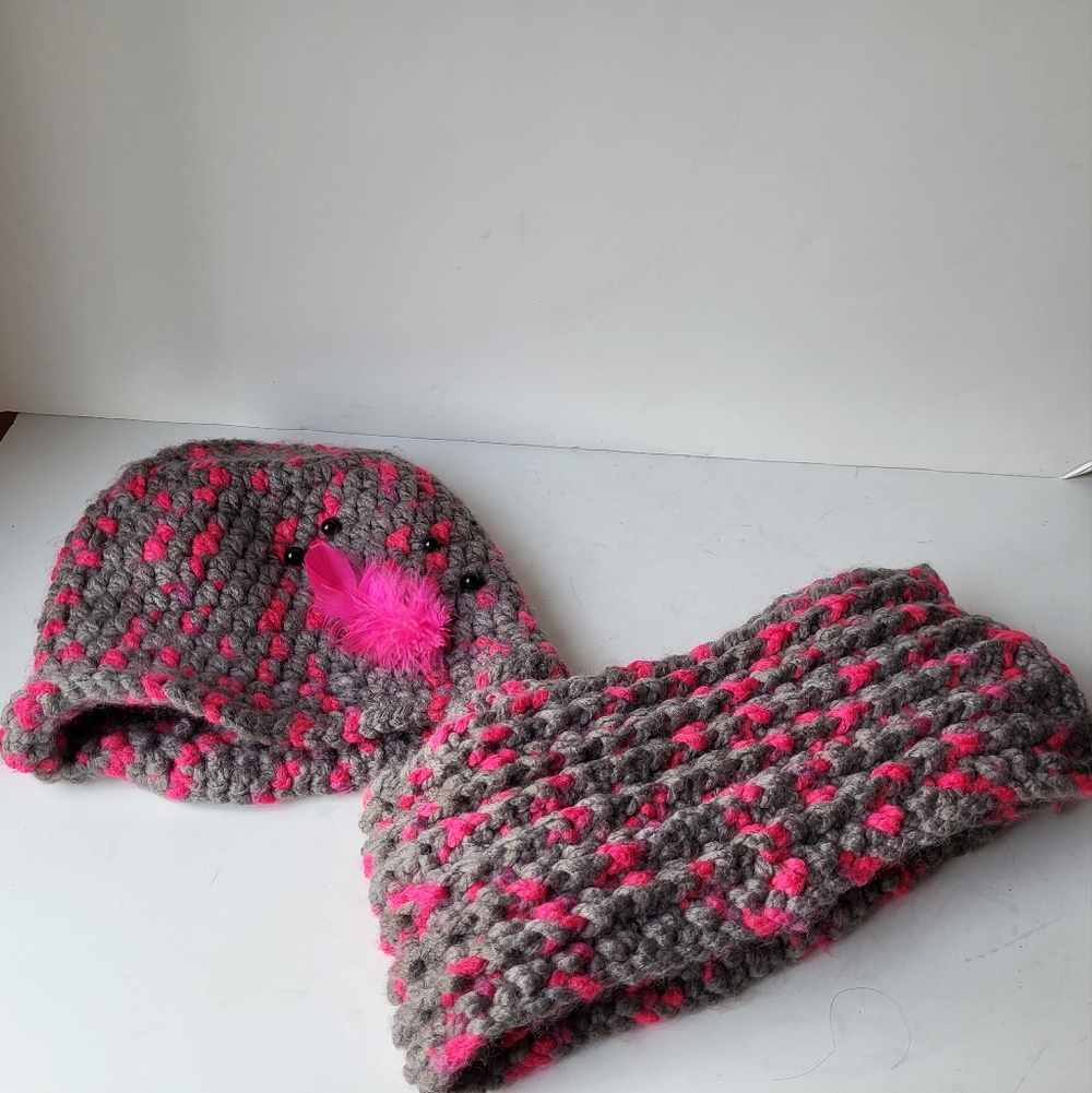 Hand Crafted Pink and Gray Knit Hat & Scarf